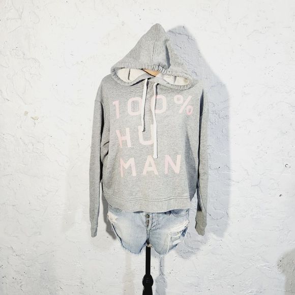 Everlane grey pink graphic  100% human typography hoodie sweatshirt size small - Picture 6 of 12